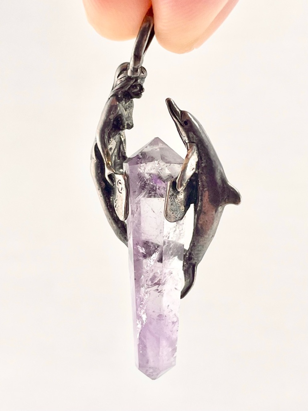 Vtg Artisan Natural Lilac Amethyst Solid Sterling Silver Mermaid Dolphin Pendant